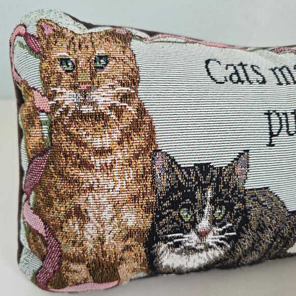 Vintage Cat Tapestry Pillow Cats Make Purrfect Friends Small Tabby Ribbon 11X7 - Picture 8 of 13